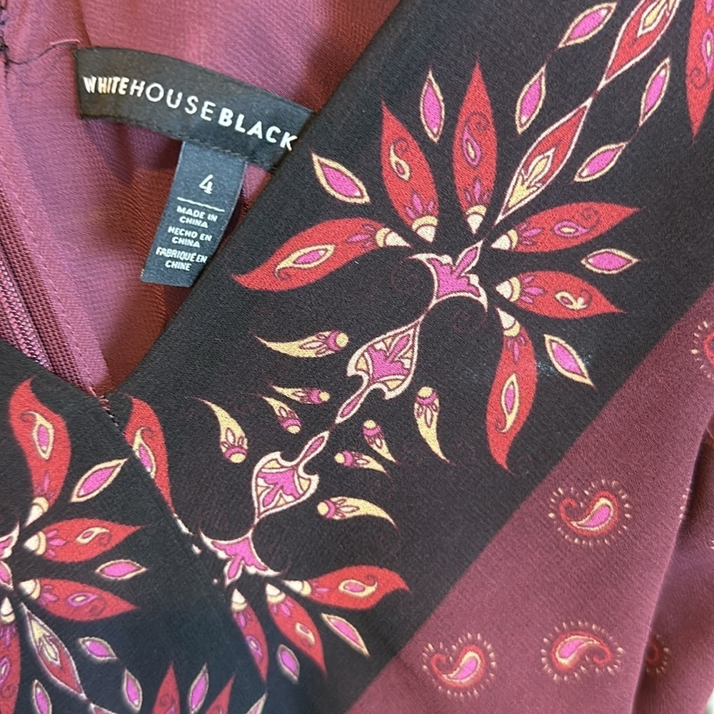 WHBM purplish maroon with black/cream flower print v neck pleated dress size 4 - Picture 3 of 3